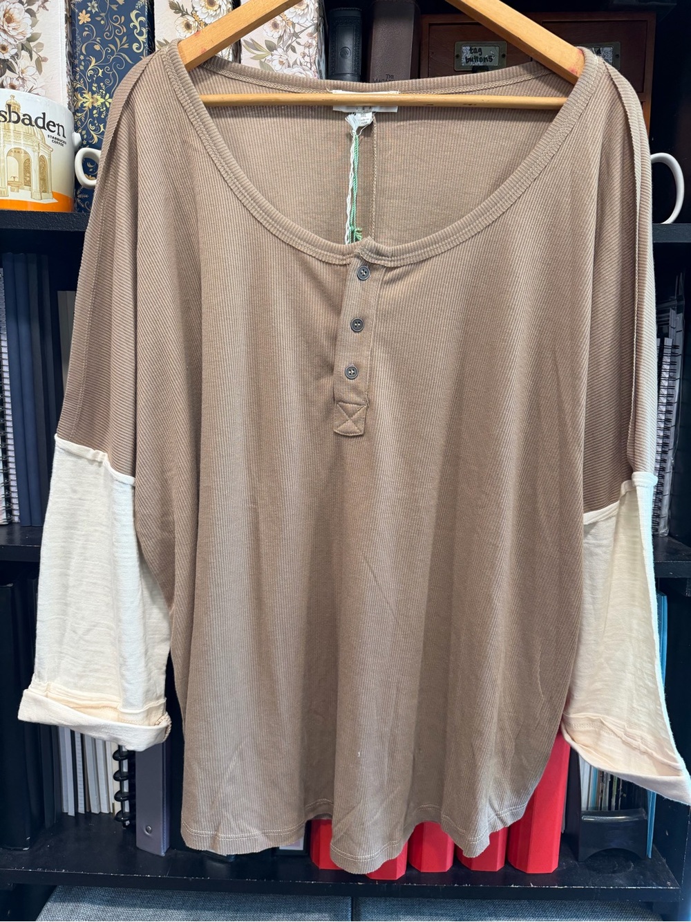 Umgee Taupe and Cream Colorblock Henley Long Sleeve Top-PRICE FIRM
